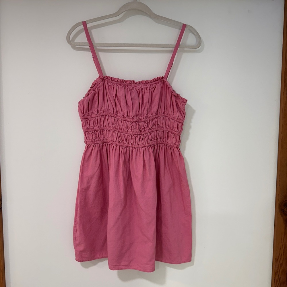 Romantic Smocked Mini Dress Womens Size M Pink Cotton Linen Blend | Barbiecore
